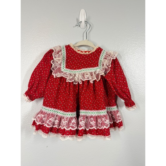 Bryan Other - Bryan Girls Toddler Baby Christmas Dress Red Floral Lace Ruffle Button Back Vtg